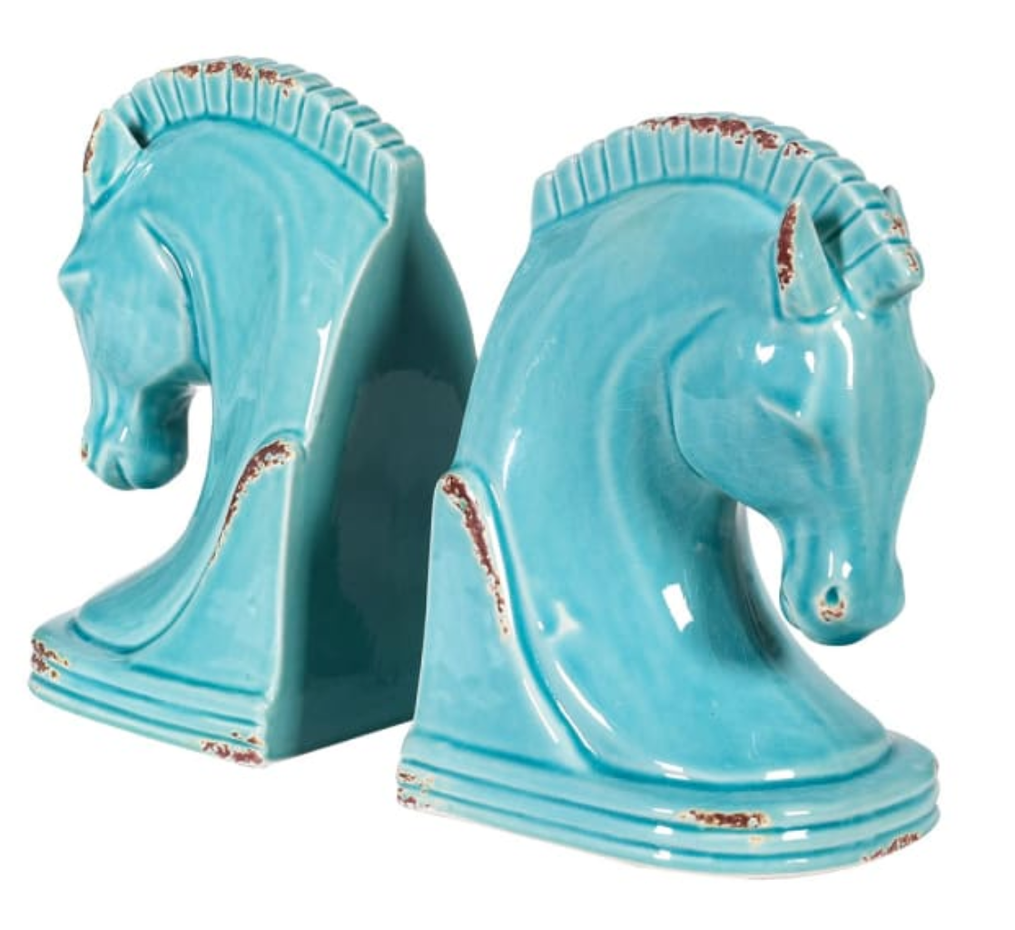 PALE BLUE CERAMIC HORSE HEAD BOOKENDS