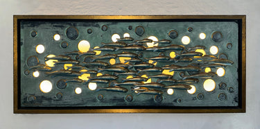 ANTIQUE GOLD ILLUMINATED FISH SHOAL WALL PANEL BY DANIEL LAURENCE