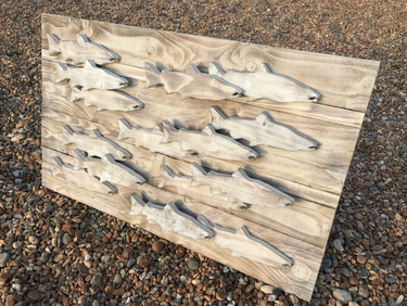 SCORCHED TIMBER SALMON WALL PANEL BY DANIEL LAURENCE