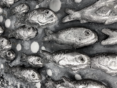 SILVER FISH SHOAL ON BLACK WALL PANEL BY DANIEL LAURENCE